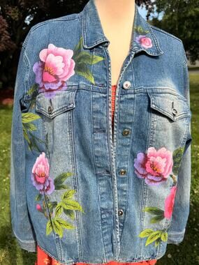 Painted hand Floral Denim Jacket 2X Oversized Pink Rose Art Jacket Boho